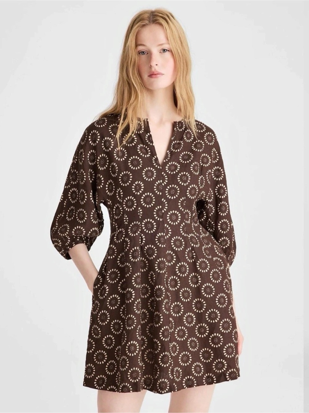 Madewell Brown Splitneck Mini Linen 100% Dress Pockets Sz 6 NWT $148